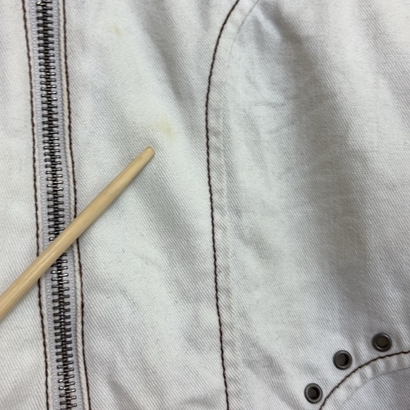 Jakket NY | Cream White Leather & Twill Riveted Studded Zip Pocket Moto Jacket S - Picture 7 of 16